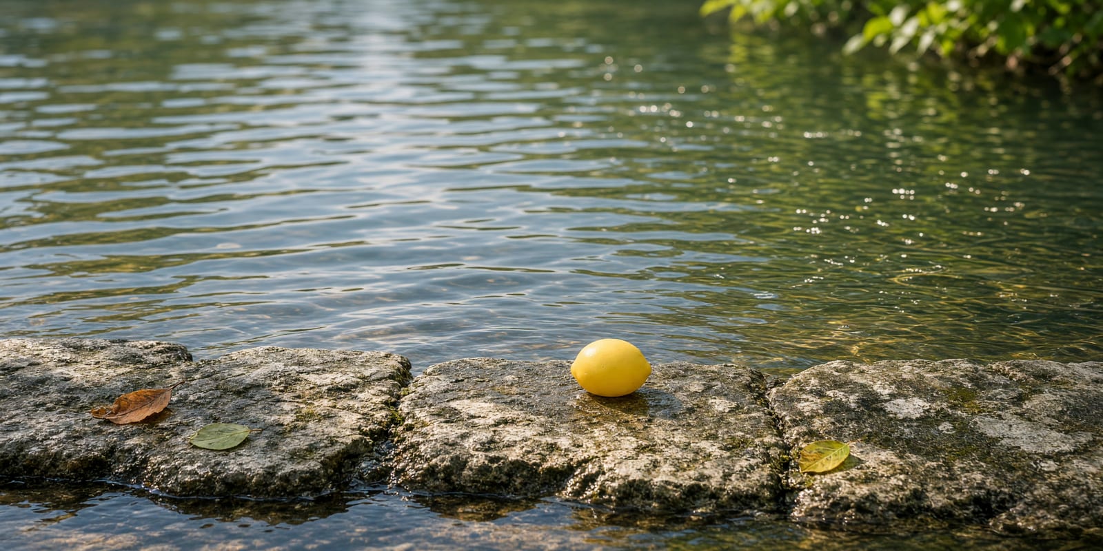 Sonnenlicht auf leicht bewegtem Wasser vor einem niedrigen Steinrand, im Hintergrund unscharfes grünes Laub.